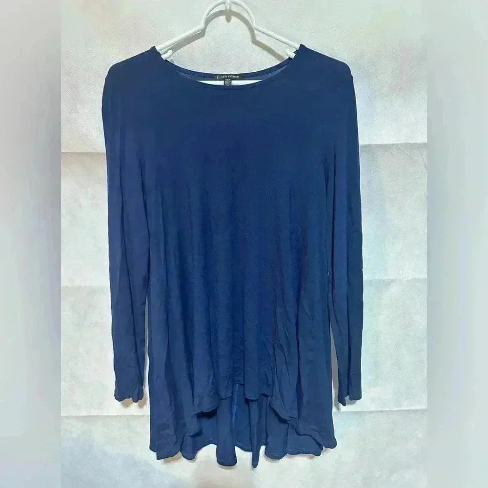 Eileen Fisher Navy Blue Long Sleeve Top Shirt Sz Small High Low Hem Stretch NWOT